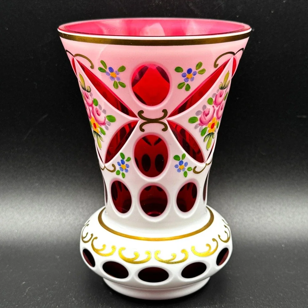 Vintage Bohemian Czech Ruby Cut to Clear White Overlay Floral Glass Vase 6